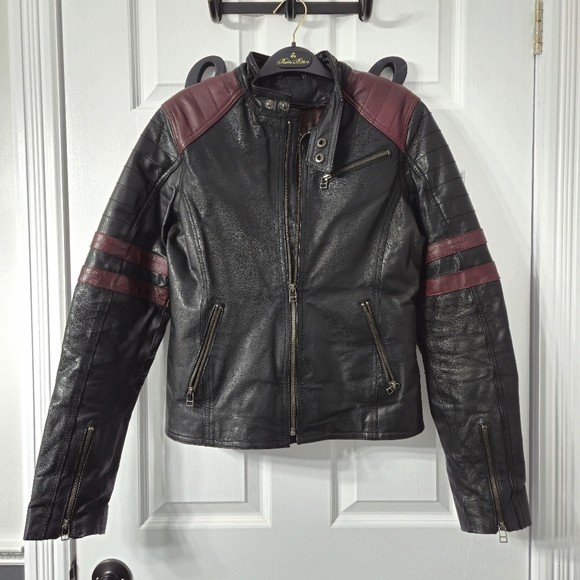 Vintage Danier Racing Stripe Black and Red Leather Moto Jacket Made In India - Picture 1 of 9